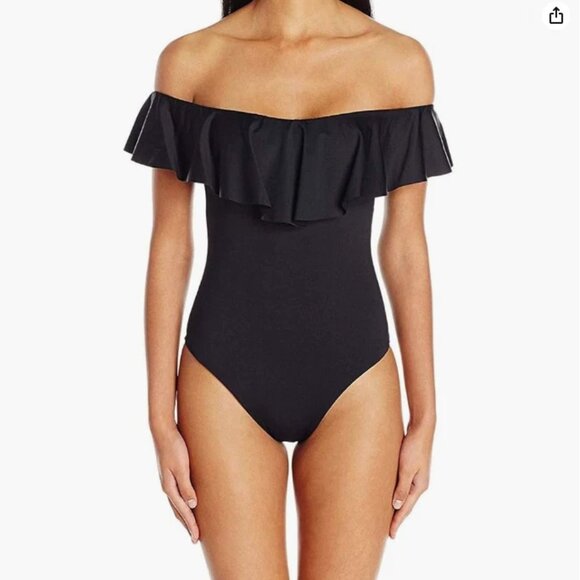 Trina Turk Other - Trina Turk Black Off Shoulder One Piece Swimsuit Ruffle Size 10 NWOT